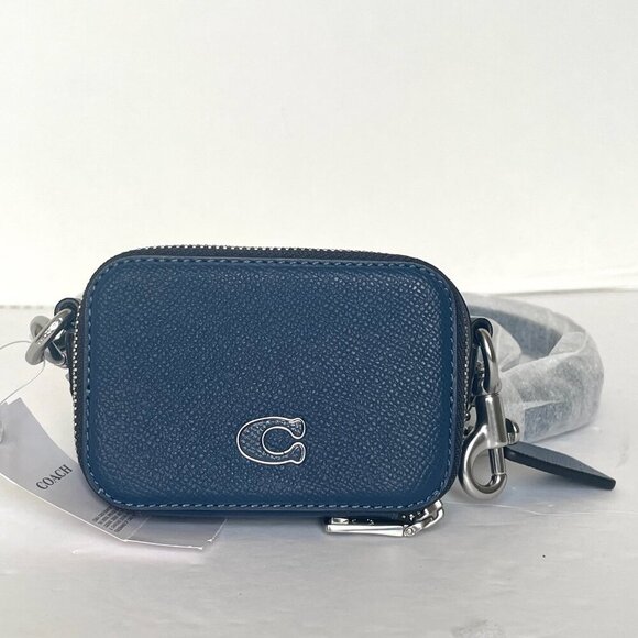 Coach Mini Crossbody Pouch Blue Crossgrain Leather CP271 Cards Earbuds Case - Picture 1 of 11
